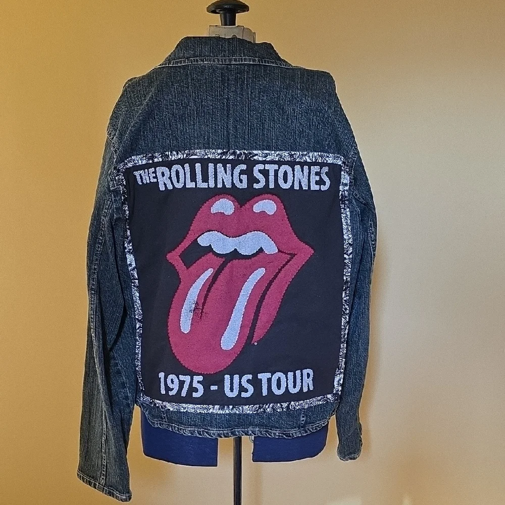 Upcyled Molly Made It Blue Jean Jacket with Iconic Rolling Stones Design - Picture 2 of 13